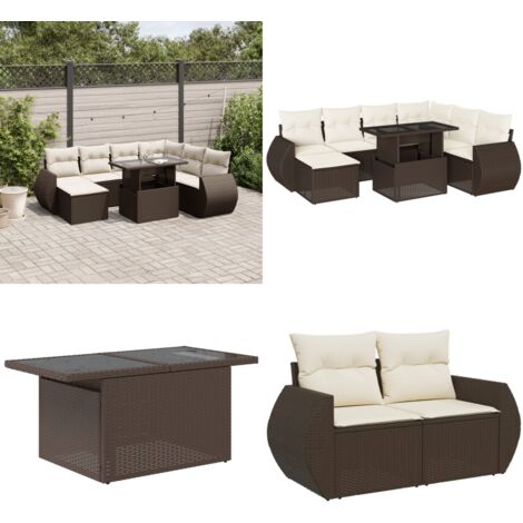 Set sofás de jardín 8 piezas y cojines ratán sintético marrón - Cojines para sofás - Ratán sintético