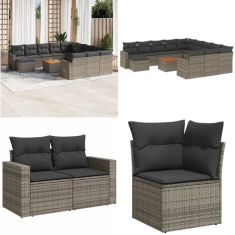 Set sofás de jardín con cojines 13 piezas ratán sintético gris - Cojines para sofás - Muebles de jardín