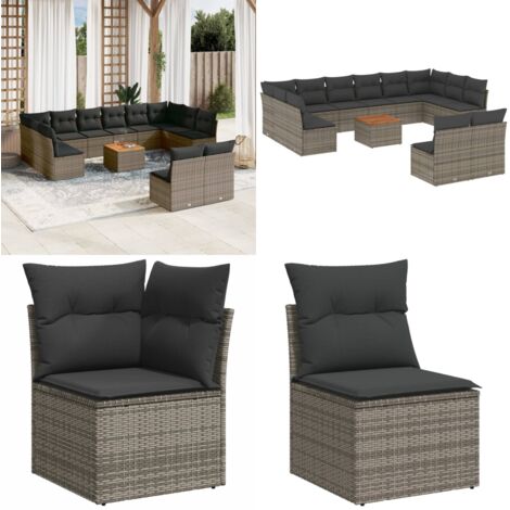 Set sofás de jardín con cojines 13 piezas ratán sintético gris - Cojines para sofás - Ratán sintético