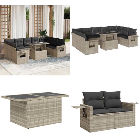 Set sofás jardín 10 pzas con cojines ratán sintético gris claro - Cojines para sofás - Ratán sintético