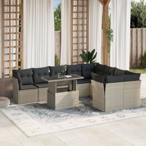 Set sofás jardín 10 pzas con cojines ratán sintético gris claro vidaXL