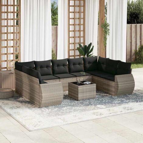 Set sofás jardín 10 pzas con cojines ratán sintético gris claro vidaXL