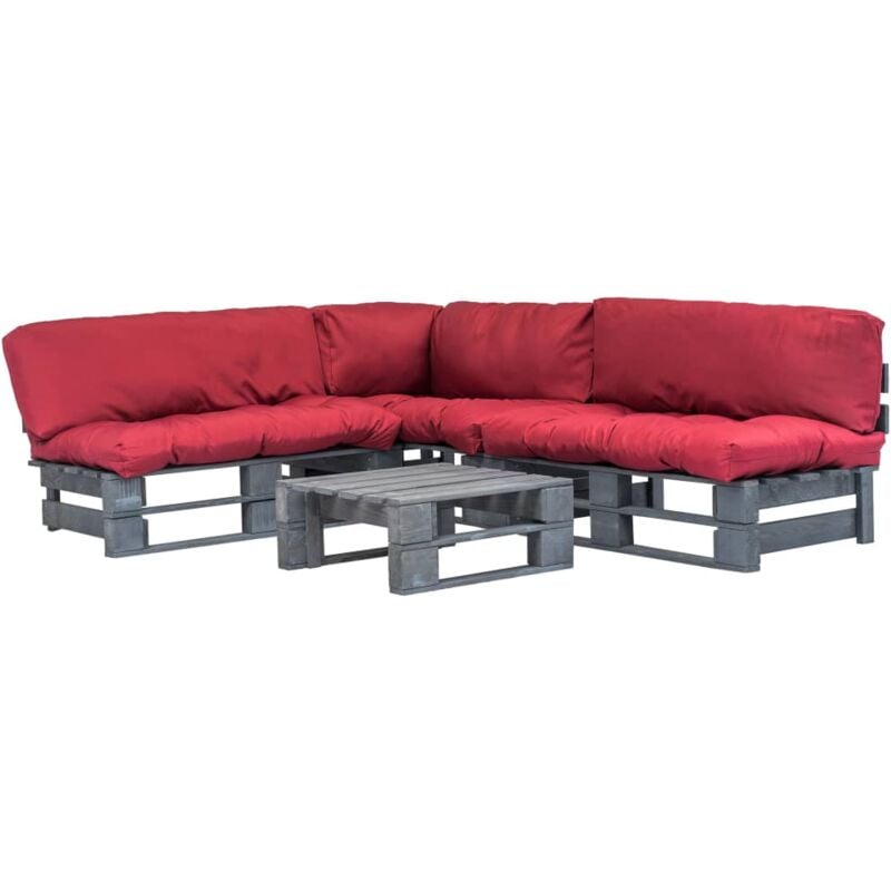 

vidaXL Set sofás de jardín de palés 4 piezas y cojines rojos madera - Rojo