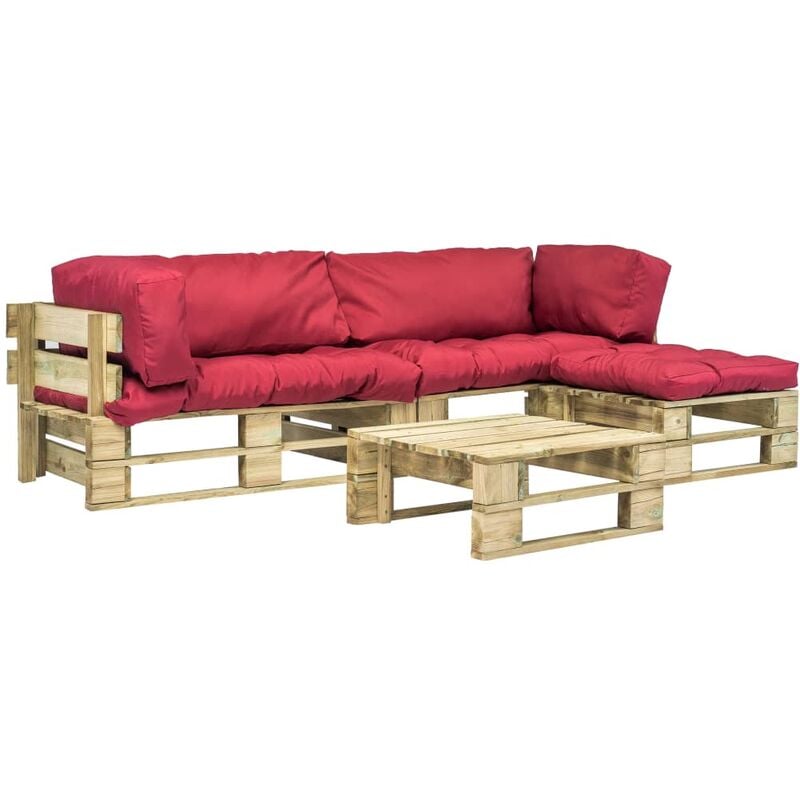

Set sofás jardín de palés 4 piezas y cojines rojos madera