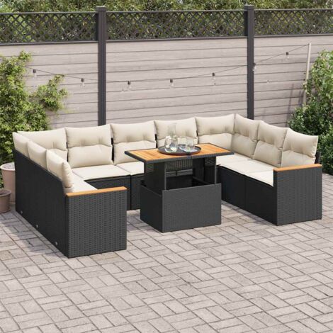 Set sofás jardín y cojines 10 pzas ratán sintético acacia negro