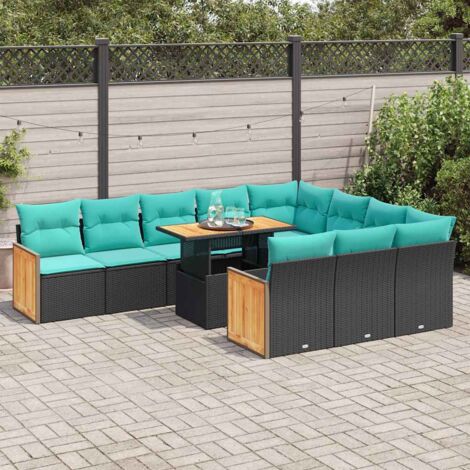 Set sofás jardín y cojines 11 pzas ratán sintético acacia negro