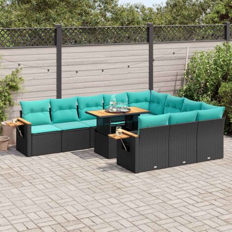 Set sofás jardín y cojines 11 pzas ratán sintético acacia negro