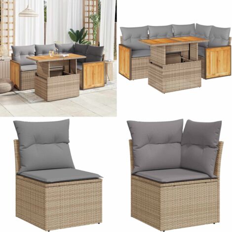 Set sofás jardín y cojines 5 pzas ratán sintético acacia beige - Cojines para sofás - Ratán sintético