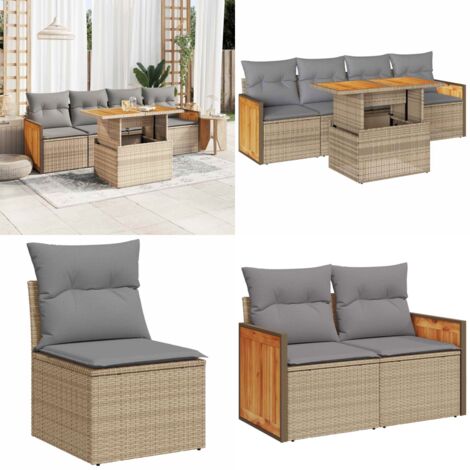 Set sofás jardín y cojines 5 pzas ratán sintético acacia beige - Cojines para sofás - Ratán sintético