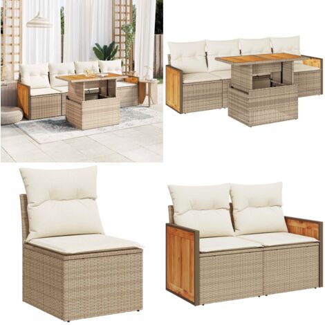 Set sofás jardín y cojines 5 pzas ratán sintético acacia beige - Cojines para sofás - Ratán sintético