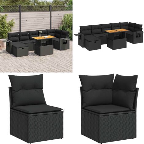 Set sofás jardín y cojines 5 pzas ratán sintético acacia negro - Cojines para asiento - Ratán sintético