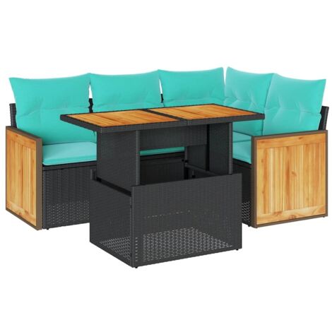 Set sofás jardín y cojines 5 pzas ratán sintético acacia negro vidaXL