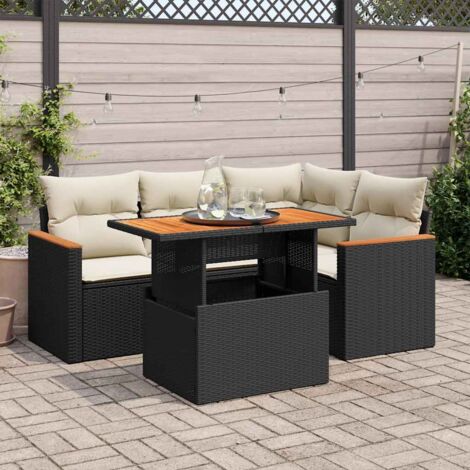 Set sofás jardín y cojines 5 pzas ratán sintético acacia negro vidaXL