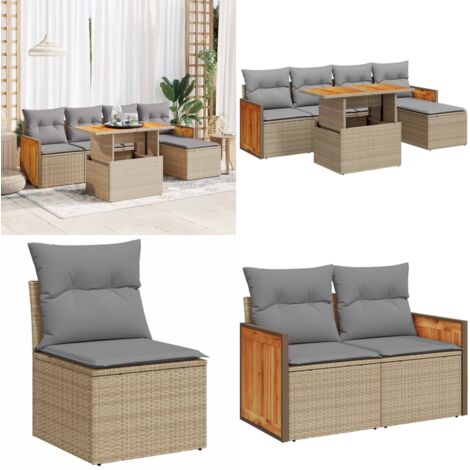 Set sofás jardín y cojines 6 pzas ratán sintético acacia beige - Cojines para sofás - Ratán sintético