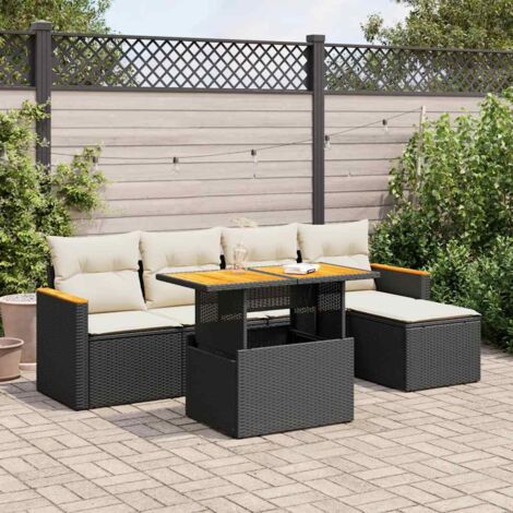 Set sofás jardín y cojines 6 pzas ratán sintético acacia negro