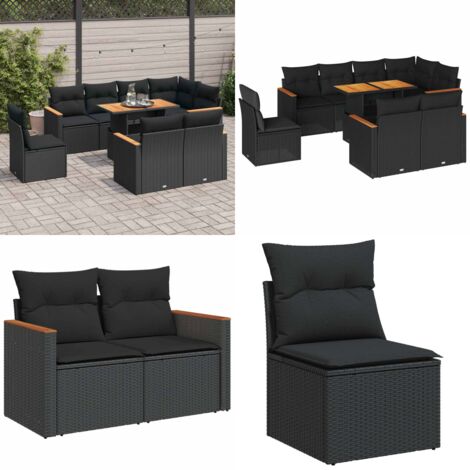 Set sofás jardín y cojines 9 pzas ratán sintético acacia negro - Cojines de jardín - Ratán sintético