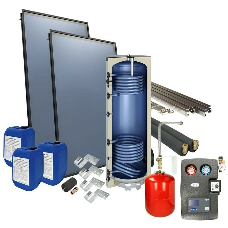 Le Sanitaire - Set solaire 4plus en version sur toit avec ballon solaire 300 l et 2 capteurs