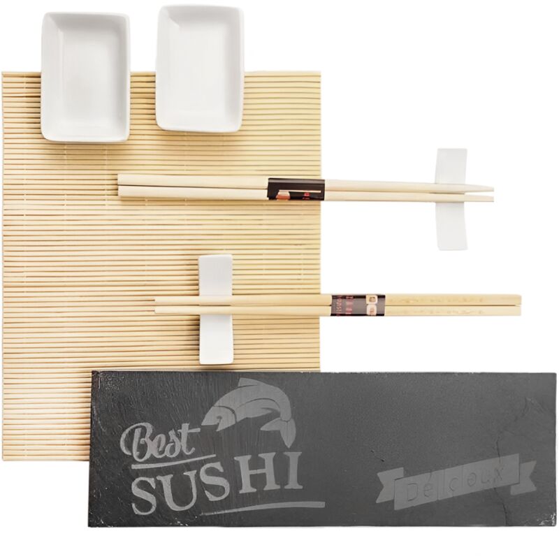 Image of Set Sushi 2 Persone Kit 10pz Stuoia Bamboo Piatto Ardesia Bacchette e Ciotoline
