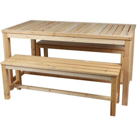 Set table + 2 bancs de jardin en bois de sapin 150x80x77cm