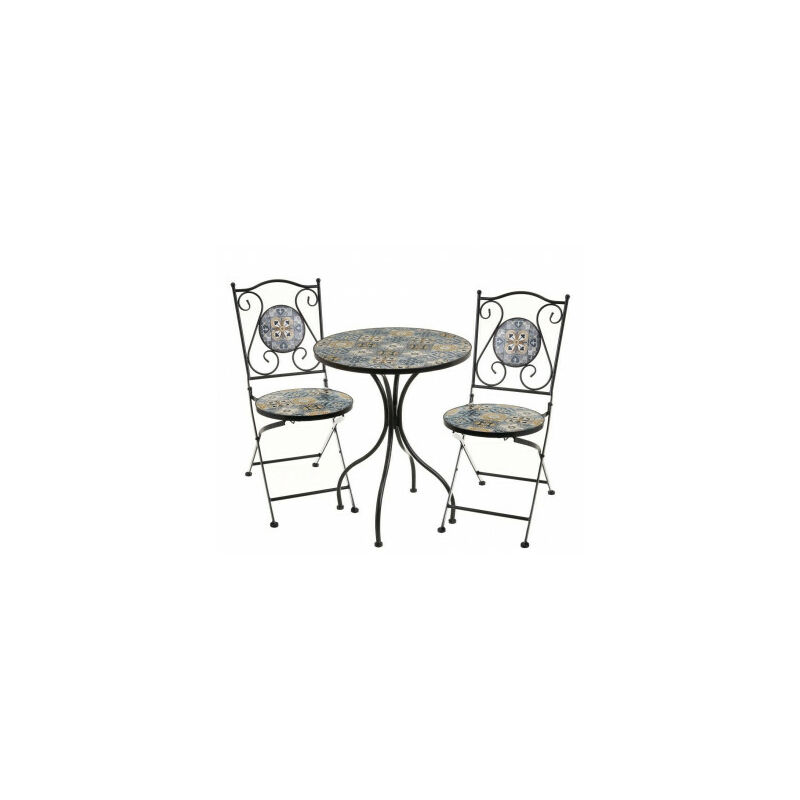 Set Table + 2 Chaises de Jardin Pliable en Métal noir et céramique bleu - Bleu