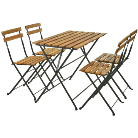 Set table + 4 chaises de jardin pliable en métal noir et bois