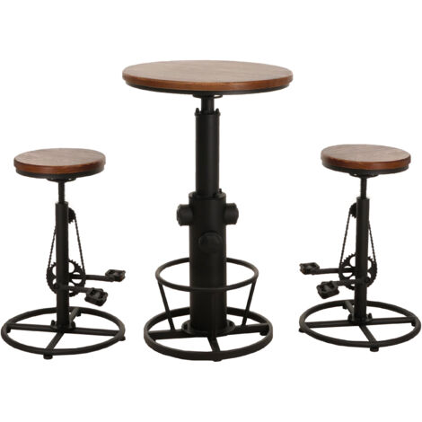 Set table de bar + 2x tabourets de bar HHG-966, chaise de bar table haute réglable en hauteur pivotante repose-pieds industrielle en bois, brun