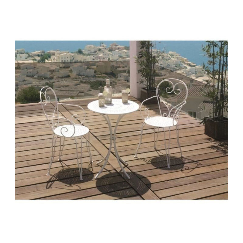 Set Table de jardin romantique en fer forge 60 cm + 2 fauteuils - Blanc