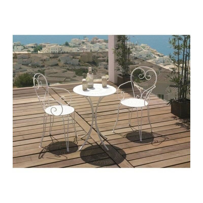 Set Table de jardin romantique en fer forgé 60 cm + 2 fauteuils - Blanc