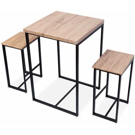 Set table haute rectangulaire - Loft - avec 2 tabourets de bar, acier et décor bois, encastrable, design