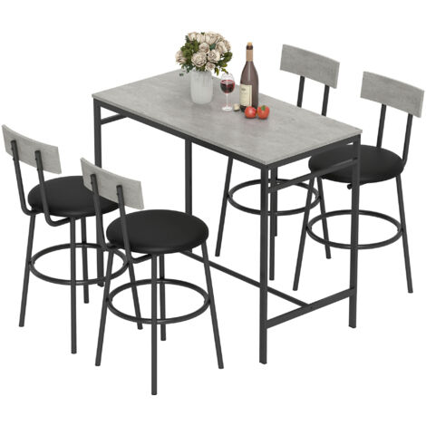 Set Table Haute et 4 Tabourets de Bar avec Dossier et Repose-pieds, Style Industriel, Gris Béton