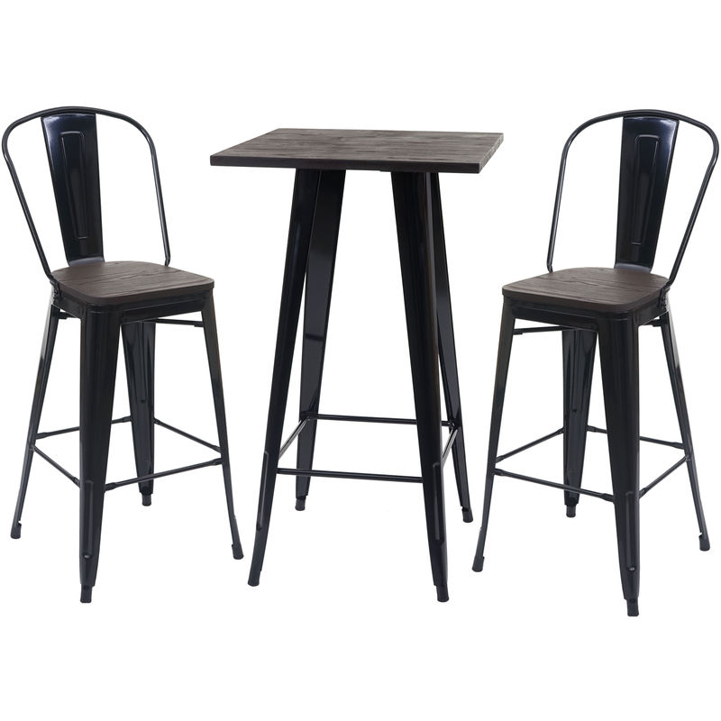 HHG - Set table mange-debout + 2x tabouret de bar 407, plateau en bois, design industriel, métal noir