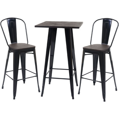 Set table mange-debout + 2x tabouret de bar HWC-A73, plateau en bois, design industriel, métal - noir