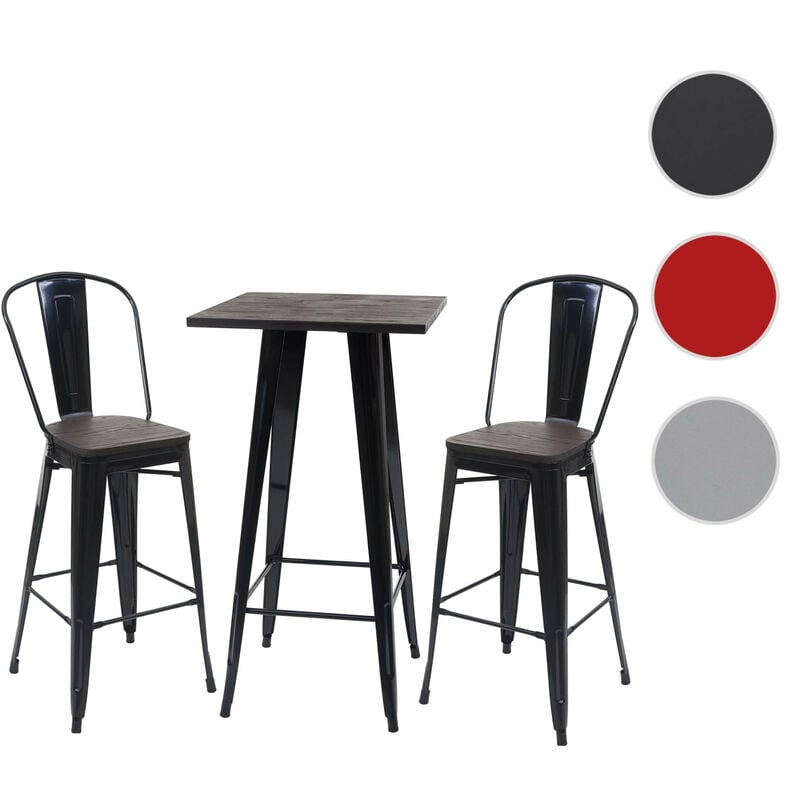 Set table mange-debout + 2x tabouret de bar HWC-A73, plateau en bois, design industriel, métal - noir