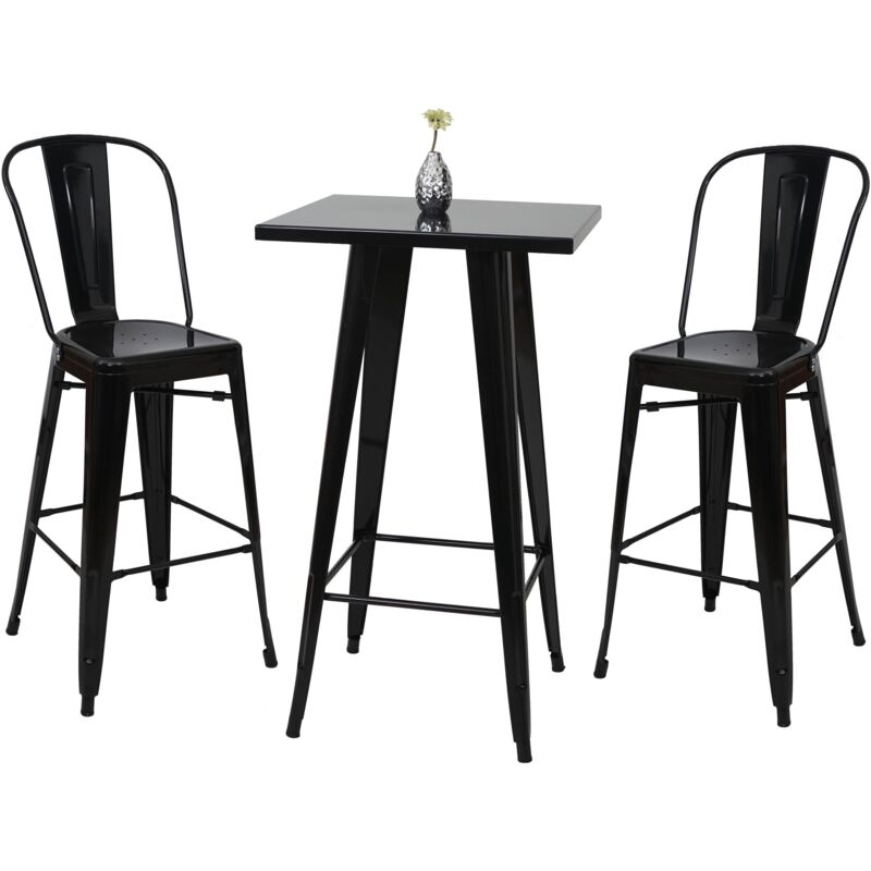 HHG - Ensemble de 1x table haute + 2x tabouret de bar 866, métal, noir