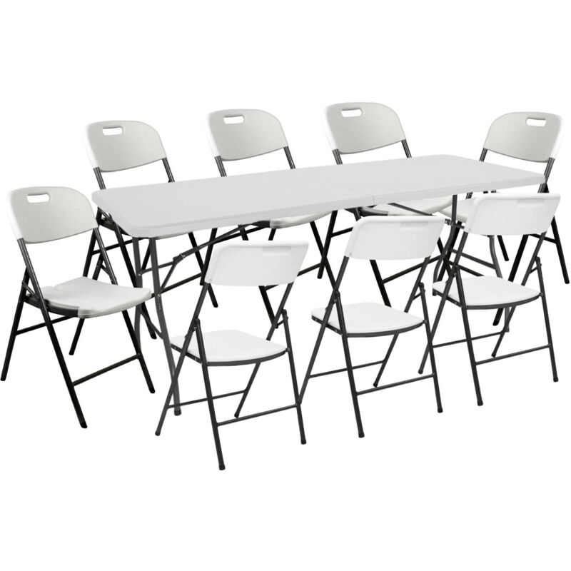 Set Table Pliante 240cm et 8 Chaises avec Poignée Blanc Traiteur O91