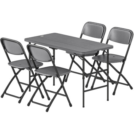 Set Table Réglable + 4 Chaises Pliantes de Jardin en HDPE Aspect Bois, Gris Anthracite