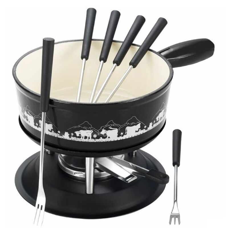 Set fonduta decoro mucca bianca nera 9 pezzi 22 cm - 404350 - tableandcook