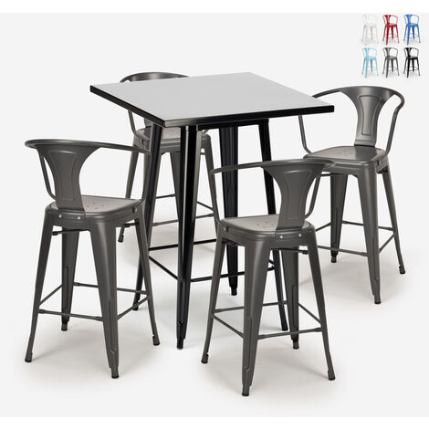 Set tavolino bar alto 60x60cm 4 sgabelli tolix legno industriale Bent