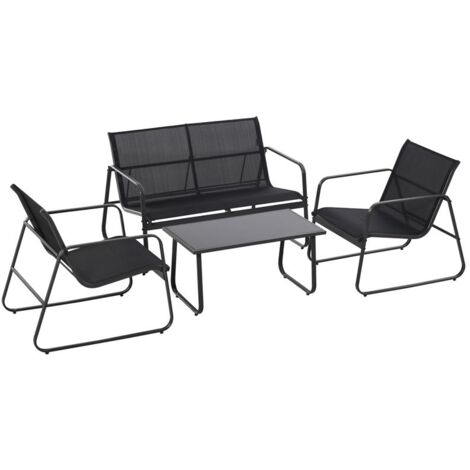 SET TAVOLINO CON PANCHINA E 2 SEDIE DA GIARDINO. ARREDAMENTO DA ESTERNO IN METALLO E TEXTILENE. NERO
