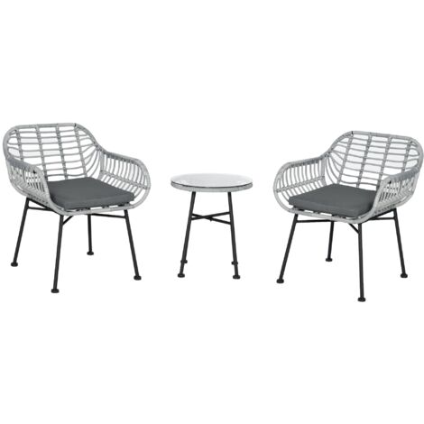 Set Tavolino e 2 Sedie da Giardino in Rattan PE e Cuscini Grigio