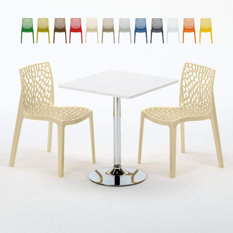 Tavolino Quadrato Bianco 70x70 cm con Base in Acciaio e 2 Sedie Colorate Gruvyer Cocktail Colore: Beige