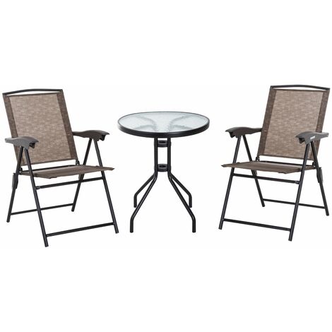 Set Tavolino e 2 Sedie Pieghevoli da Giardino in Vetro Marrone
