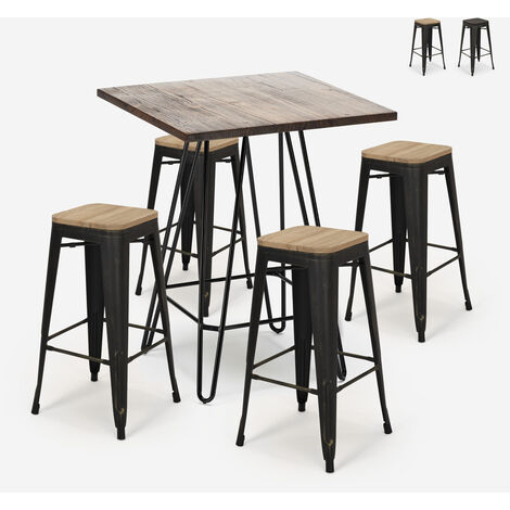 Set tavolino industriale 60x60cm 4 sgabelli tolix legno metallo Oudin Noix
