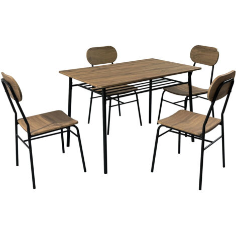 SET TAVOLO 110x70x76 CM + 4 SEDIE COMPLETO METALLO NERO QUERCIA STILE INDUSTRIAL