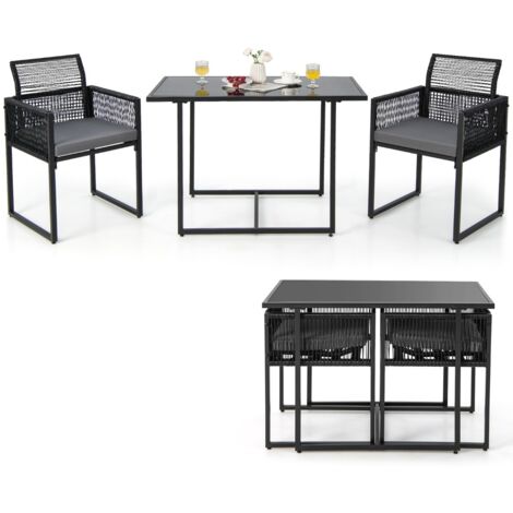Set tavolo 2 sedie esterno rattan PE schienali pieghevoli mobili giardino nero