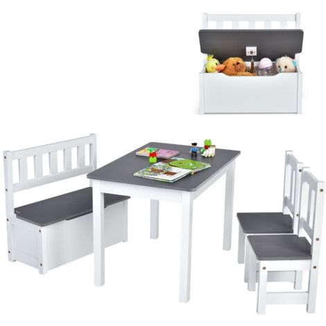 Set tavolo attività di legno 2 in 1 con 2 sedie e 1 panca, Set 4 pezzi tavolo e sedie per bambini Grigio