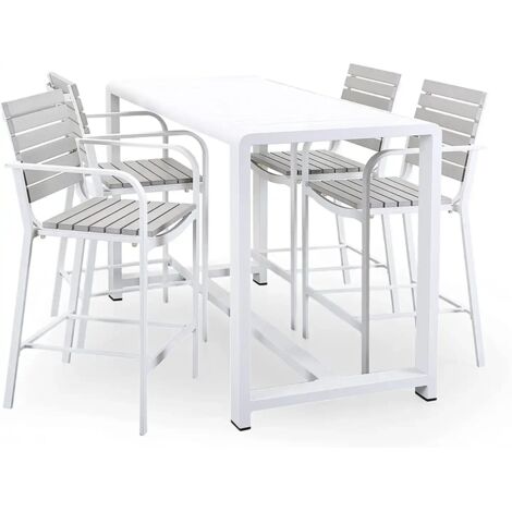 Set Tavolo Bar con 4 Sgabelli Alti con Bracciolo in Alluminio e Legno Bianco