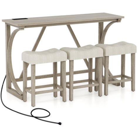 Set tavolo da bar 4 pezzi con presa di corrente, Tavolo da bistro altezza bancone e sgabelli imbottiti a sella Grigio + Beige