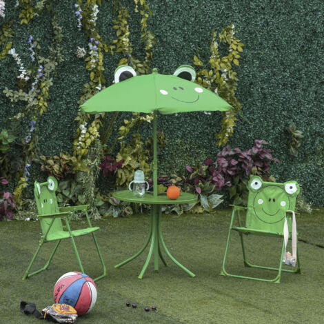 Set Tavolo da Giardino con 2 Sedie Pieghevoli, Tavolino con Sedie da Esterno con Ombrellone per Bambini in Metallo e Poliestere, Verde