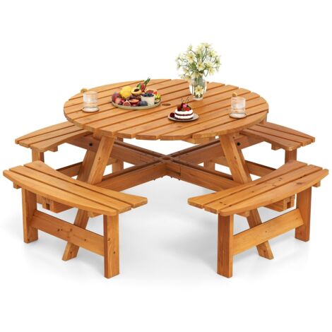 Set tavolo da picnic rotondo per 8 persone, Tavolo da pranzo circolare con 4 panchine Giallo